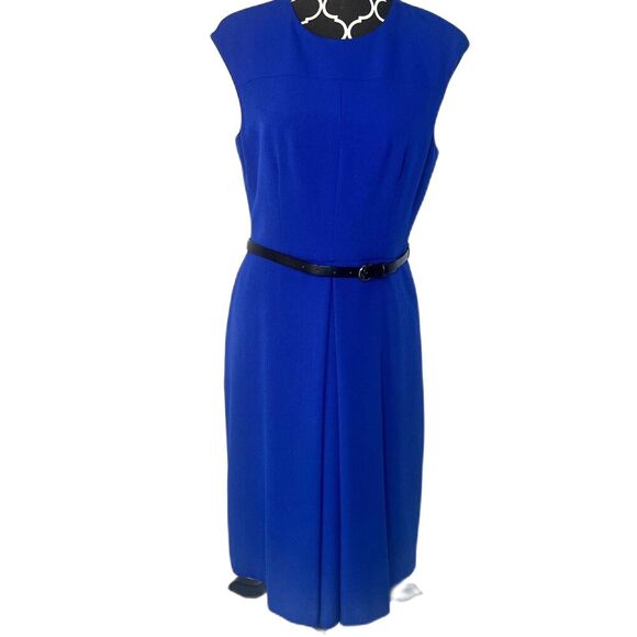 Kasper Bold Blue Sleeveless Belted Sheath Dress Career Professional Size 10P - Picture 3 of 11